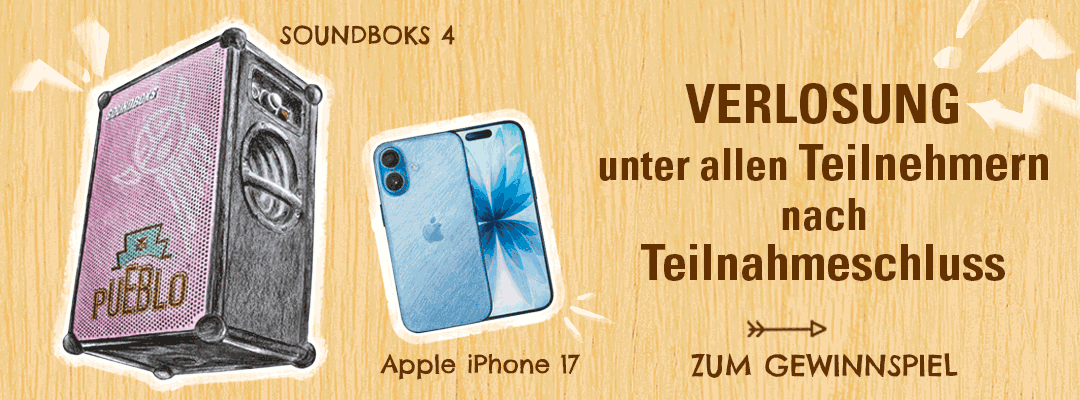 PUEBLO Gewinnspiel: Zu jeder Bestellung ein Los und die Chance auf tolle Sofortgewinne. Abbildungen von der PUEBLO Tabaktasche, dem PUEBLO Strandtuch, der PUEBLO Sonnenbrille, dem PUEBLO Zippo und Gutscheine für Sofortgewinne.