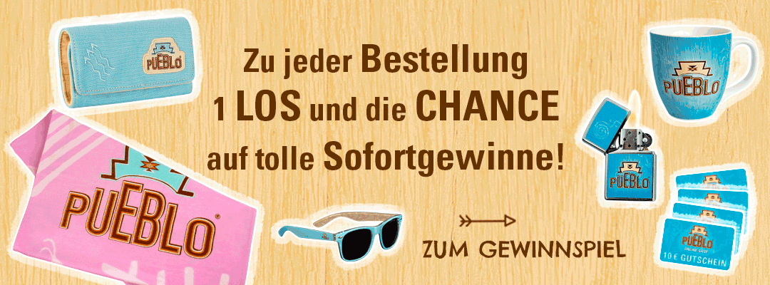 PUEBLO Gewinnspiel: Zu jeder Bestellung ein Los und die Chance auf tolle Sofortgewinne. Abbildungen von der PUEBLO Tabaktasche, dem PUEBLO Strandtuch, der PUEBLO Sonnenbrille, dem PUEBLO Zippo und Gutscheine für Sofortgewinne.