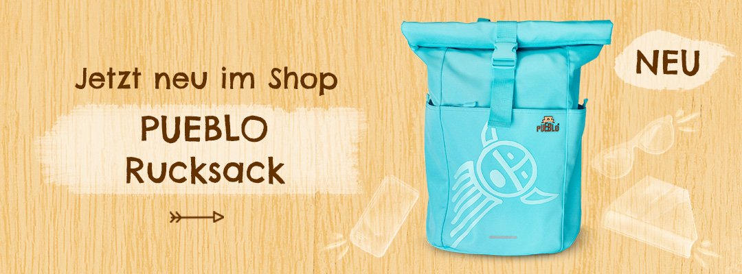 PUEBLO Rucksack in Türkis mit PUEBLO Regenwolke-Ikone und PUEBLO Logo ab jetzt im Shop erhältlich.