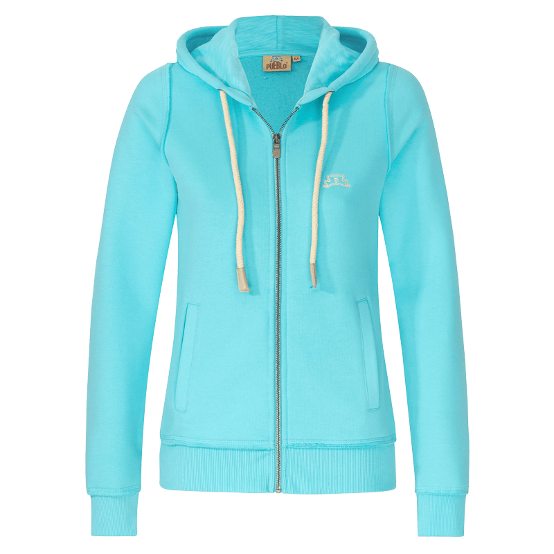 Vorderseite der türkisen PUEBLO Damen Sweatjacke mit weiß gesticktem PUEBLO Logo auf der linken Brust und naturfarbenen Kordeln.