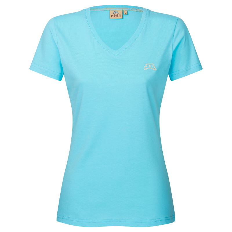 Vorderseite des türkisen PUEBLO Damen T-Shirts mit weiß gesticktem PUEBLO Logo auf der linken Brust.