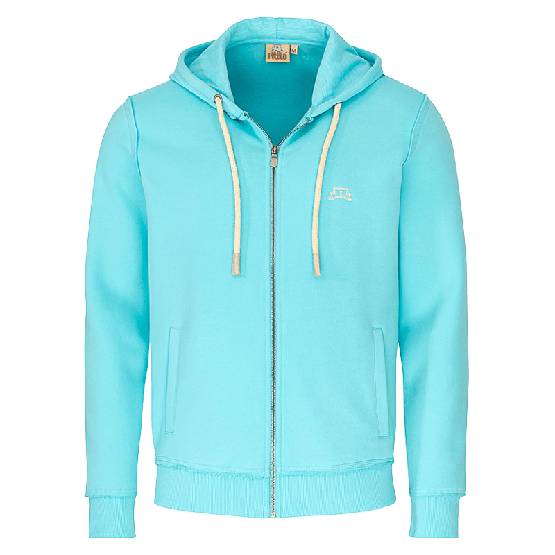 Vorderseite der türkisen PUEBLO Herren Sweatjacke mit weiß gesticktem PUEBLO Logo auf der linken Brust und naturfarbenen Kordeln.