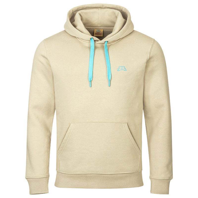 Sandfarbener Hoodie mit türkisem PUEBLO Hut-Stick auf der linken Brust und türkisfarbenen Kordeln.