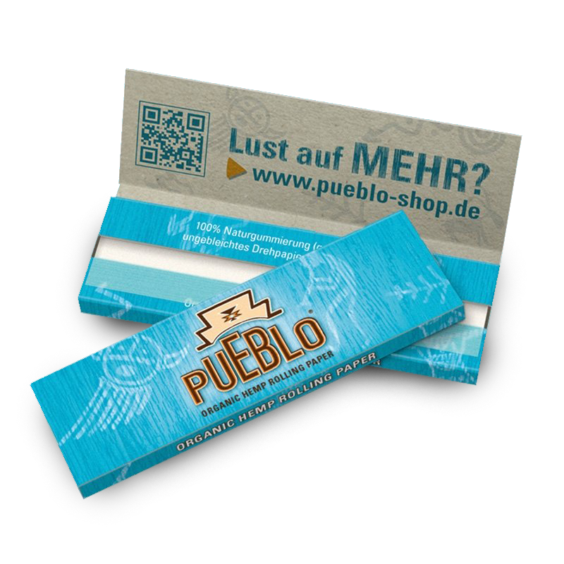 PUEBLO Zigarettenpapier in blauer Verpackung mit Aufschrift 'Organic Hemp Rolling Paper' und Hinweis auf natürliche Gummierung und ungebleichtes Papier.