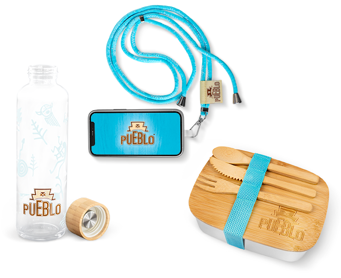 PUEBLO Trinkflasche, PUEBLO Handy Lanyard und PUEBLO Lunchbox