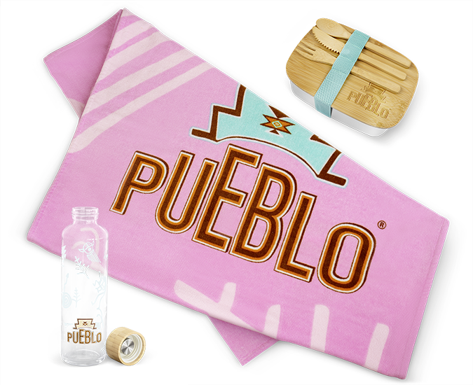 PUEBLO Trinkflasche, PUEBLO Strandhandtuch und PUEBLO Lunchbox